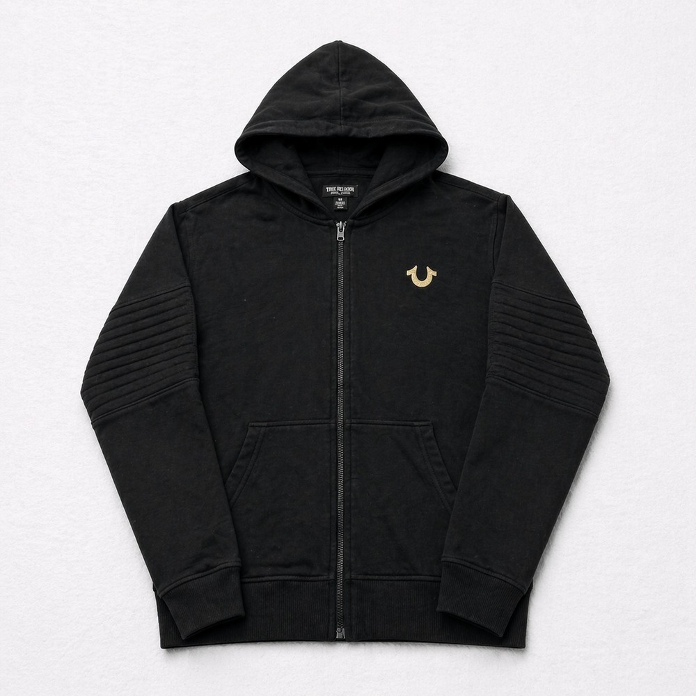 True Religion Hoodie Mens Medium Black Full Zip Big Logo Sweatshirt